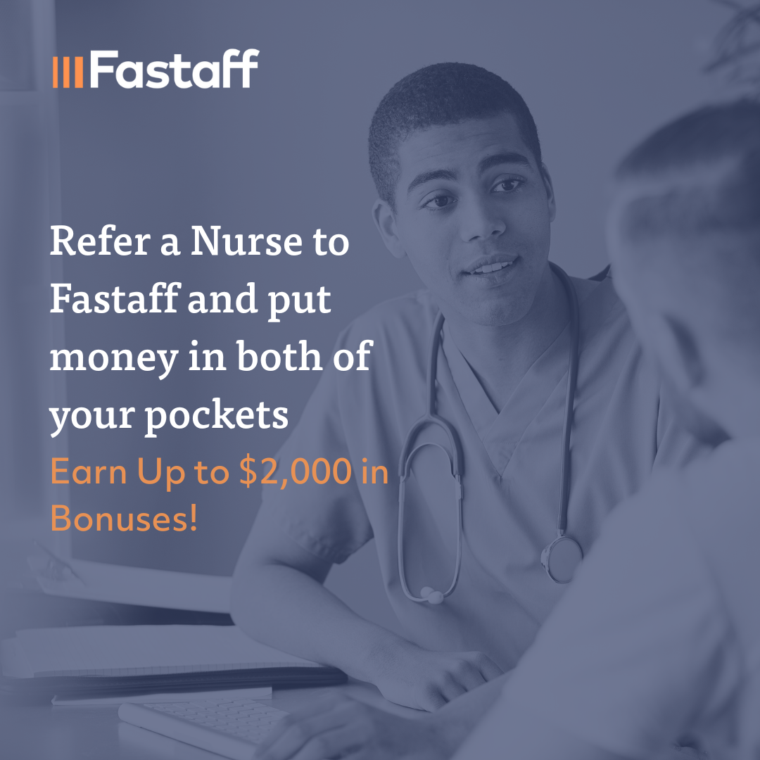 Fastaff Travel Nursing Facebook ad: Share Opportunities & Earn Up to $2,000