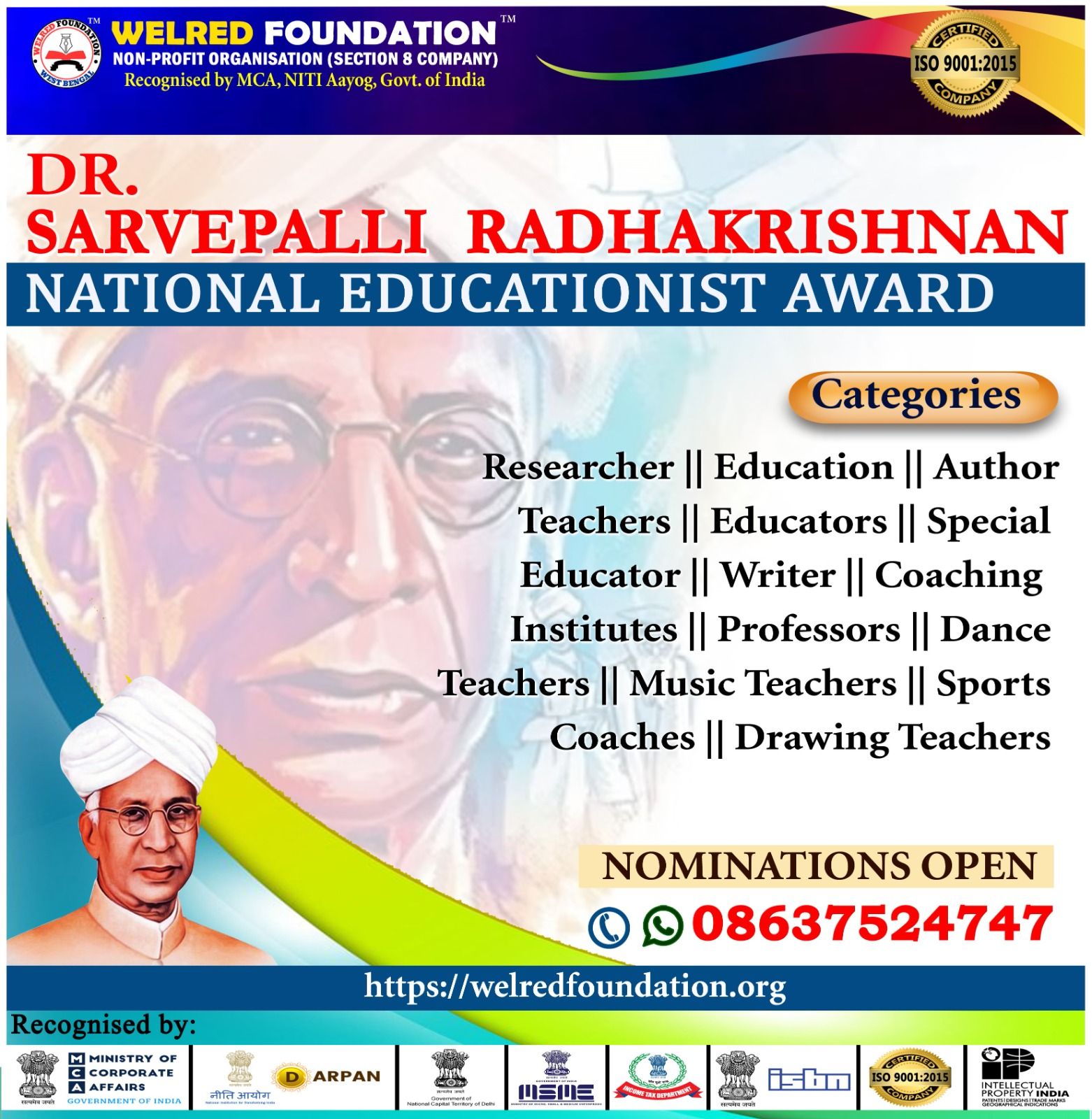 WELRED Foundation Facebook ad: DR. SARVEPALLI RADHAKRISHNAN NATIONAL EDUCATIONIST AWARD