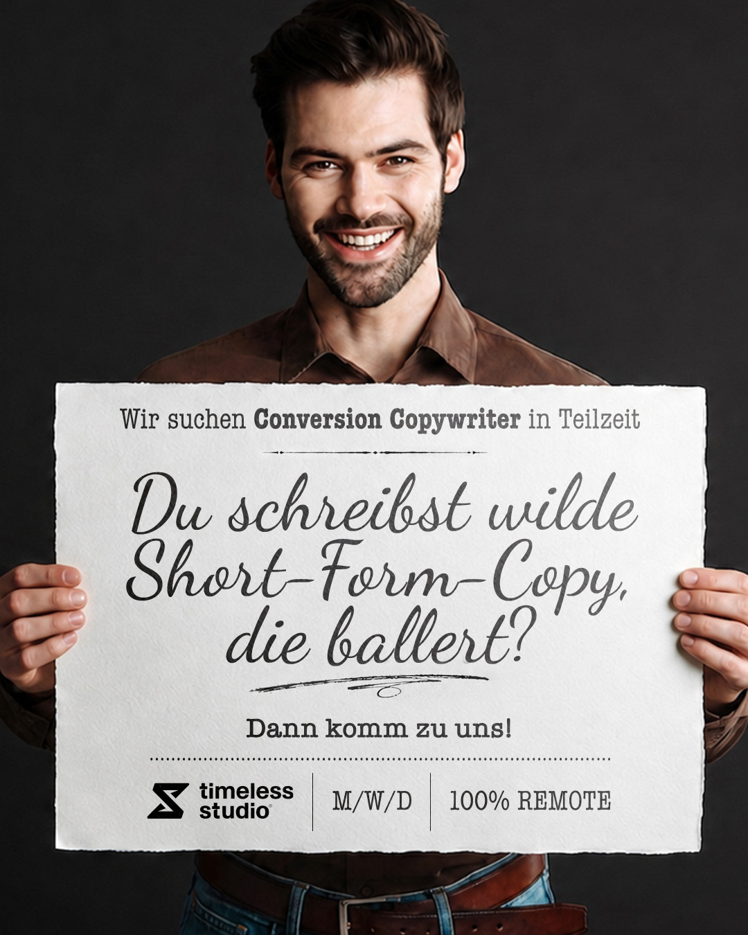 Timelessstudio Facebook ad: Jetzt bewerben als Copywriter (m/w/d)