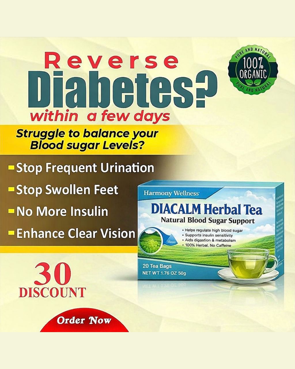 Diacalm for diabetes Facebook ad from Mar 27, 2026