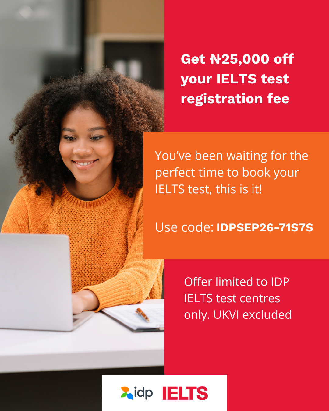 IELTS by IDP Nigeria Facebook ad: ₦25,000 Off IELTS Test in Nigeria