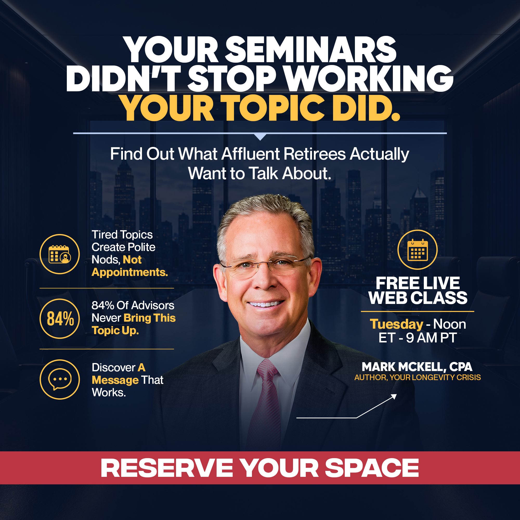 The Holistic Advisor's Blueprint Facebook ad: Your Seminars Didn't Stop Working, Your Topic Did