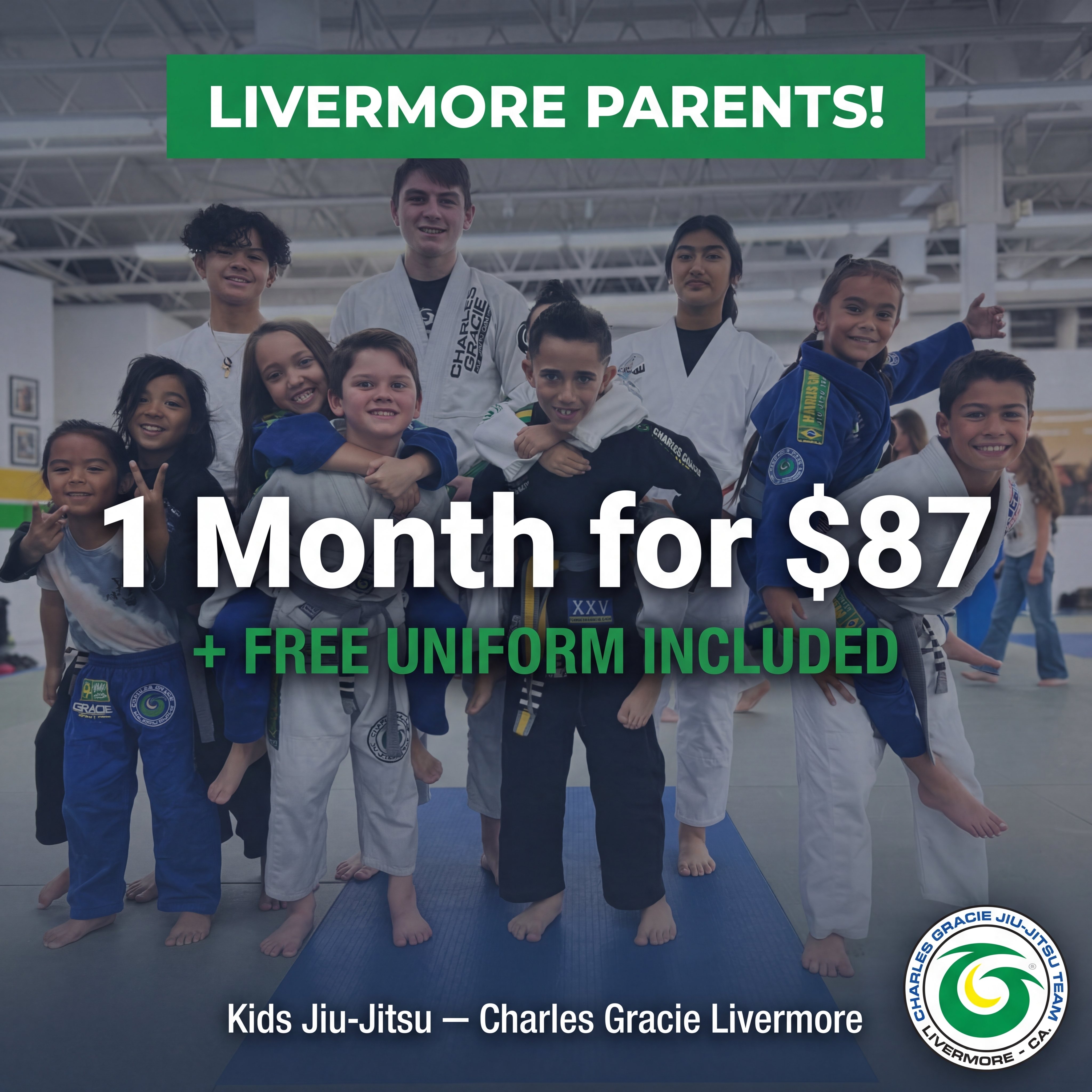 Charles Gracie Jiu-Jitsu Academy Livermore Facebook ad: 1 Month for $87 + Free Uniform