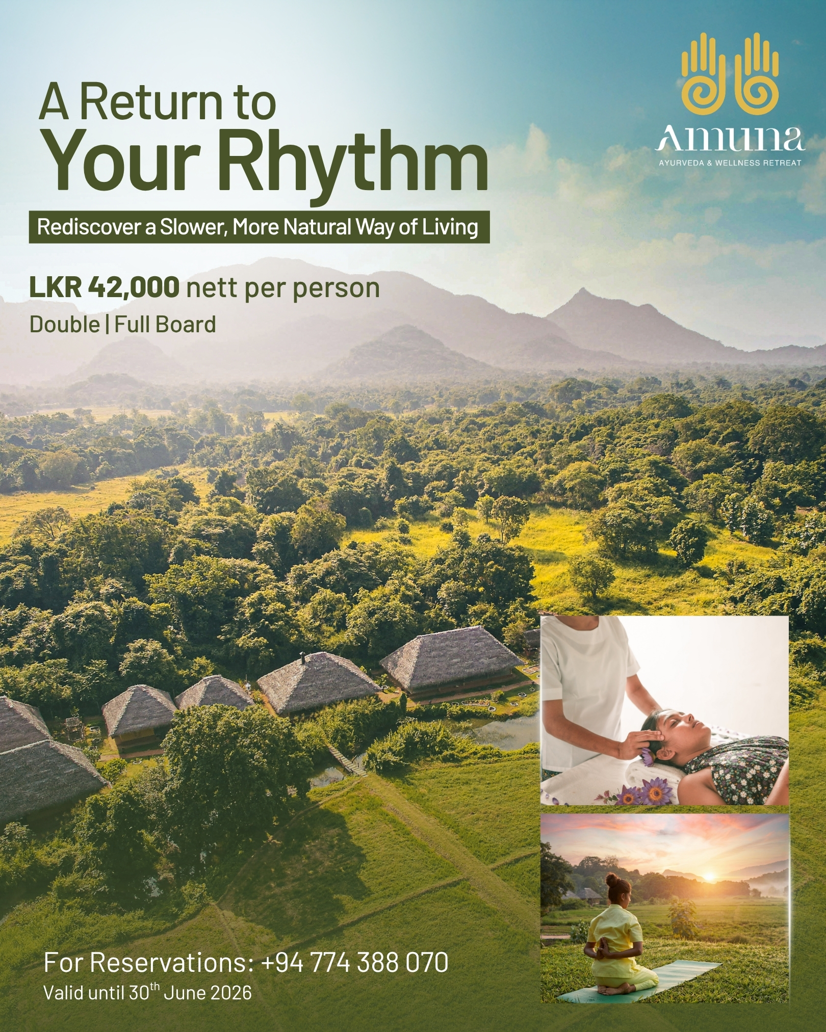 Amuna Ayurvedic and Wellness Retreat Facebook ad: Return to your natural rhythm at Amuna Ayurveda…