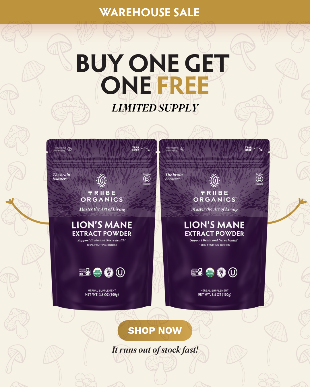 Tribe Organics Facebook ad: Warehouse Sale, BOGO Lion’s Mane