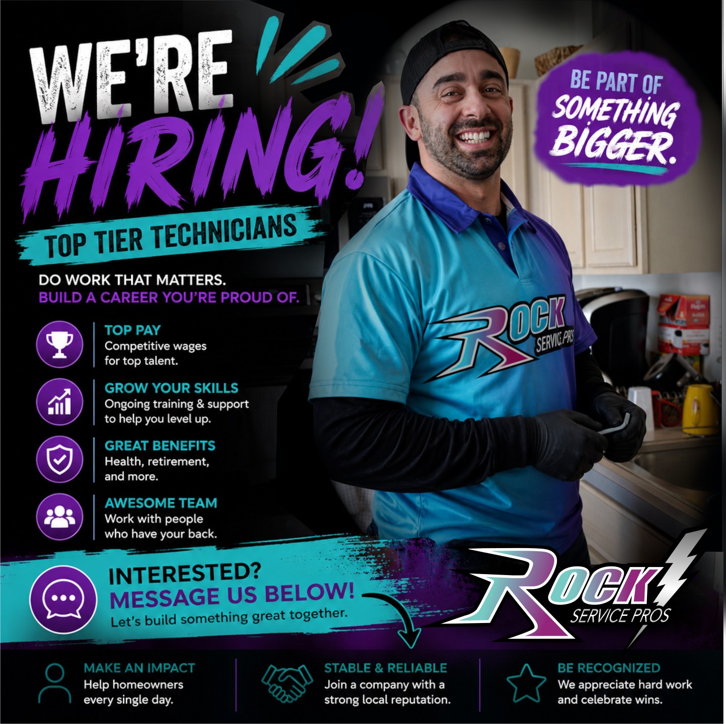 Rock Service Pros Facebook ad: WE’RE HIRING: JOIN THE ELITE TEAM AT ROCK…