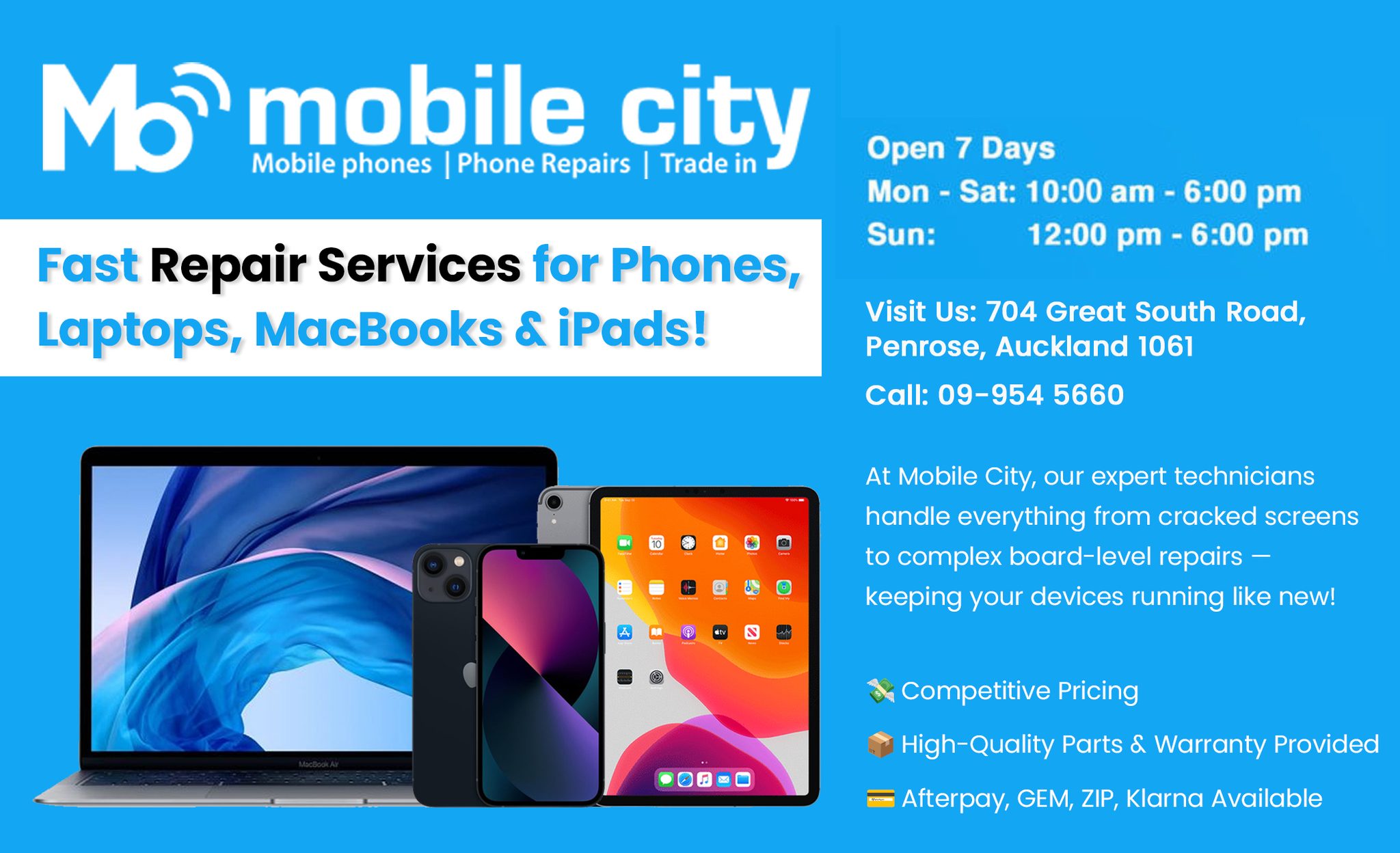 Mobile City Facebook ad: DEVICE TROUBLES? WE REPAIR THEM ALL!