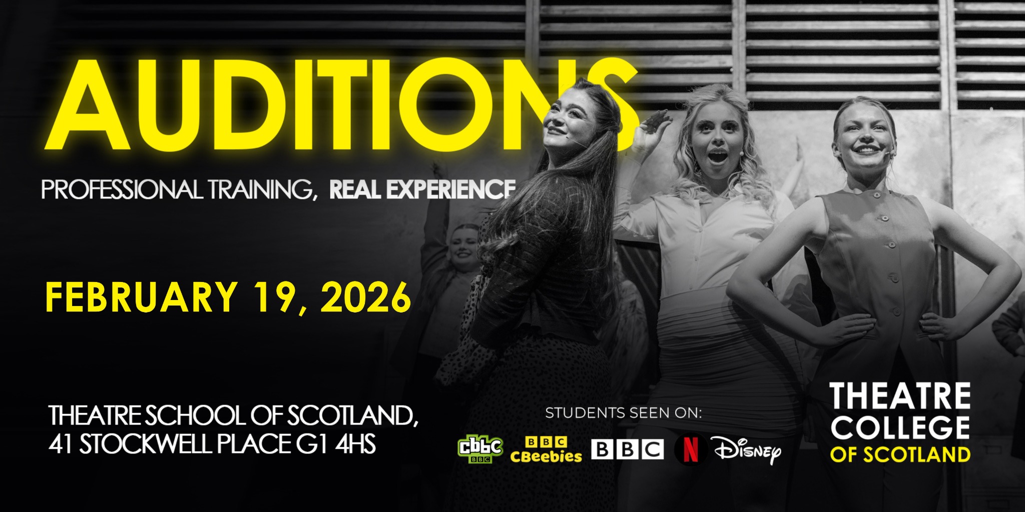 Theatre College of Scotland Facebook ad: TCOS// FEBRUARY AUDITIONS