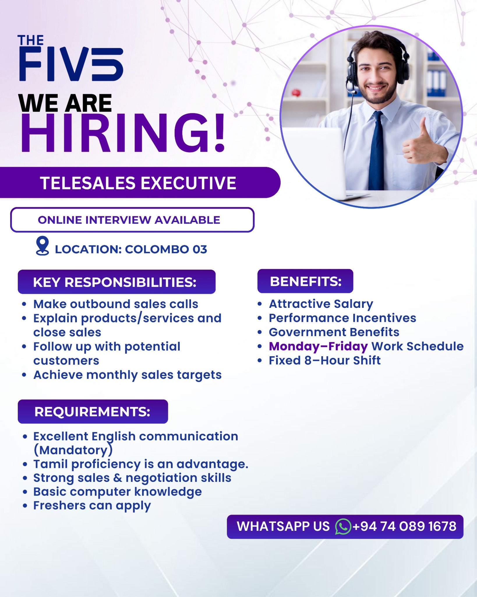 the5 Facebook ad: We're Hiring: Telesales Executive