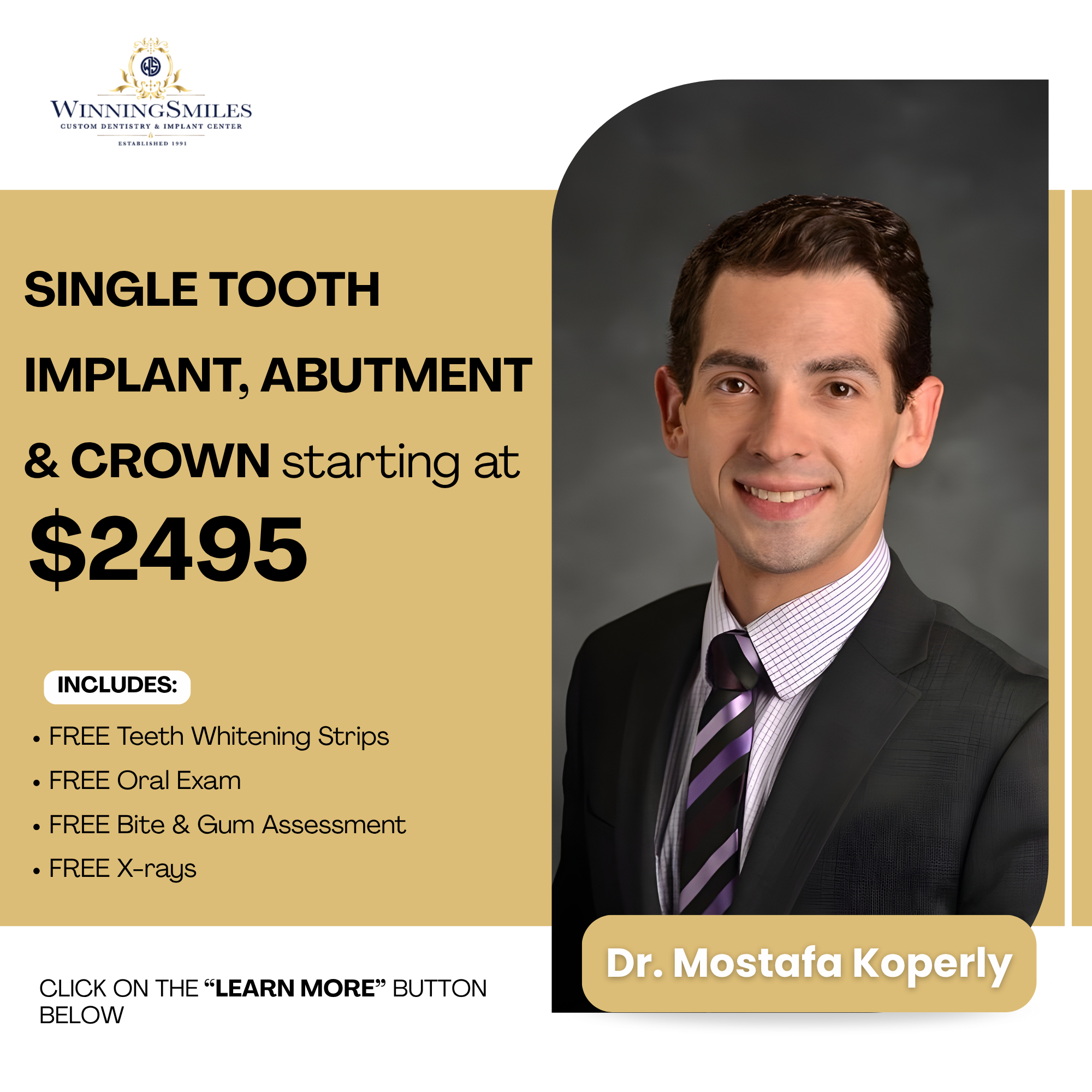WinningSmiles Custom Dentistry & Implant Center Facebook ad: Hello Fontana! Dental Implant Treatment Starting at $2495