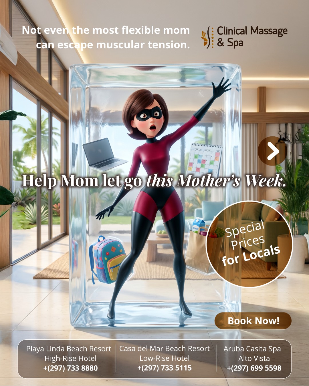 Clinical Massage & Spa Aruba Facebook ad: Some moms carry the whole week on their…
