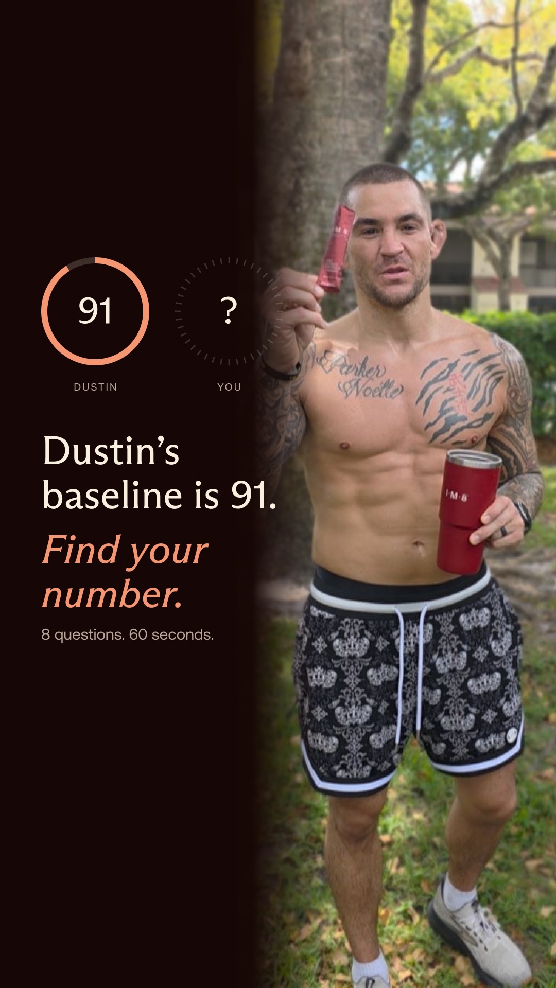 IM8 Health Facebook ad: Dustin's Baseline Is 91. Find Your Number.