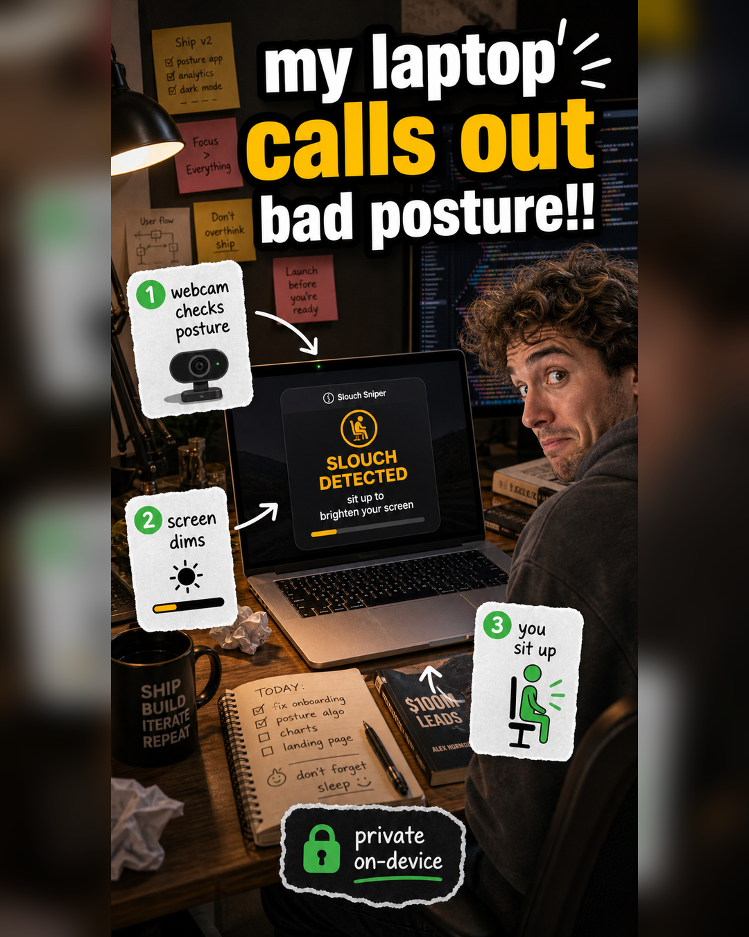Slouch Sniper Facebook ad: My laptop calls out bad posture