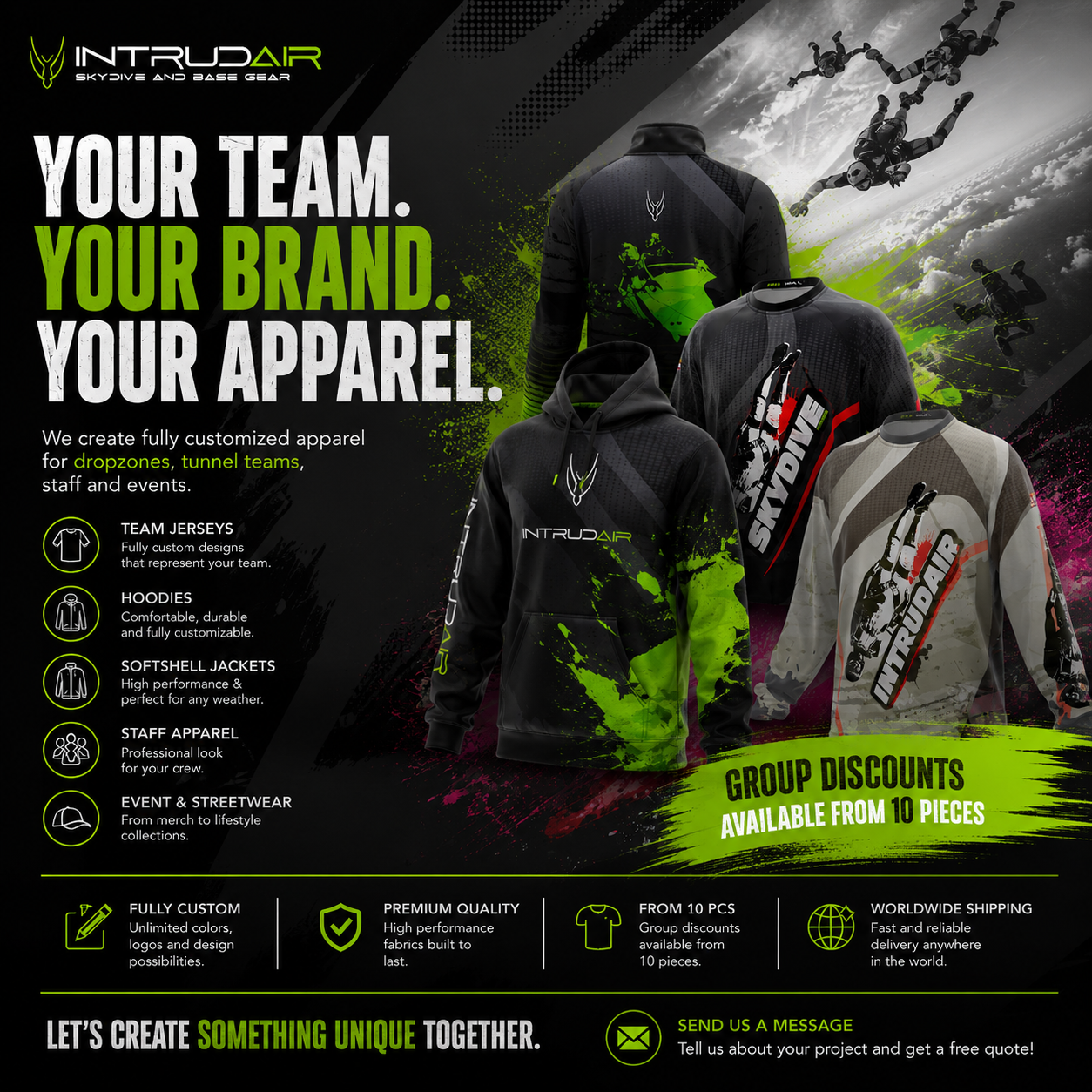 Intrudair Skydive and Wingsuits Facebook ad: Custom Apparel for Your Dropzone