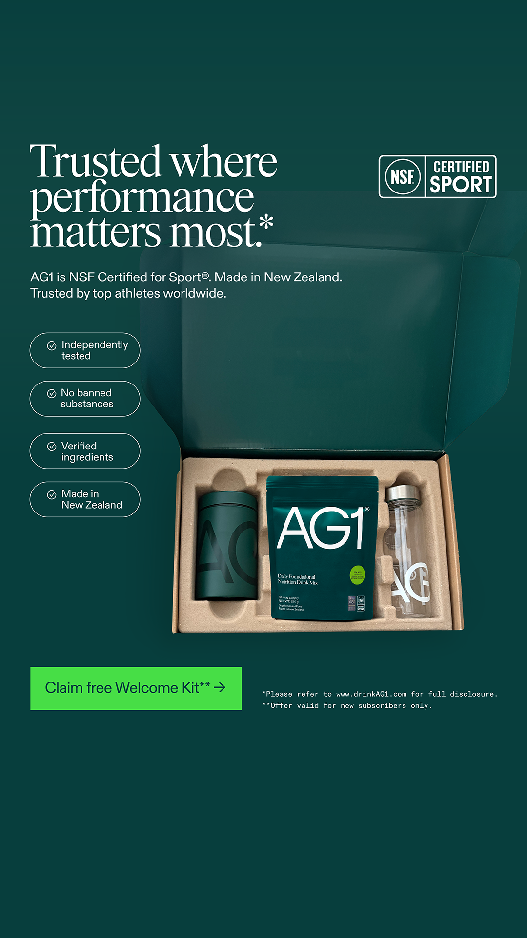 AG1 by Athletic Greens Facebook ad: 16 Years of Research. Trusted Globally.