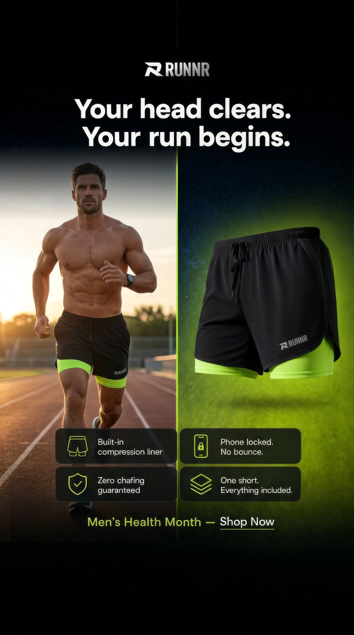 Runnr Active Facebook ad: Unlock for 70% off RUNNR Shorts. We Stay Here.