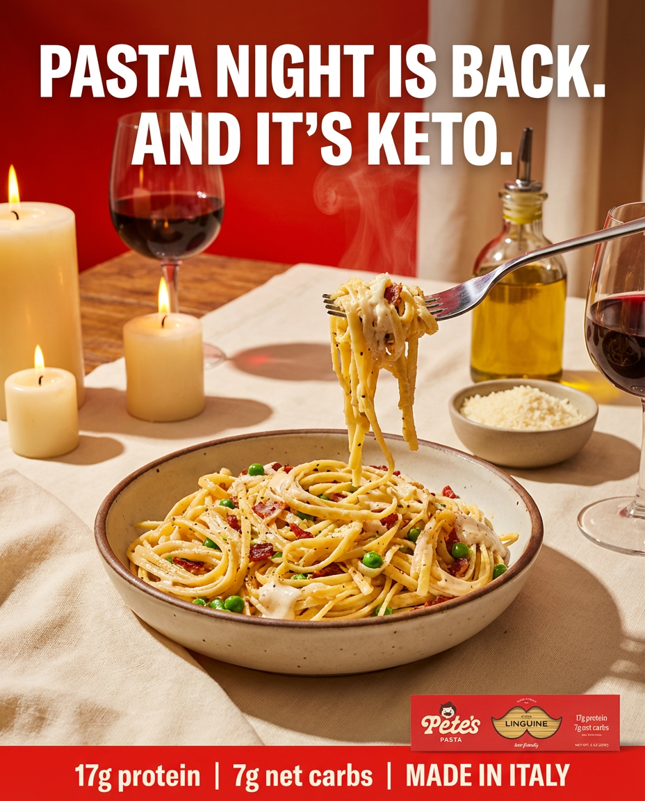 Pete's Pasta Facebook ad: Real Pasta. Real Protein.