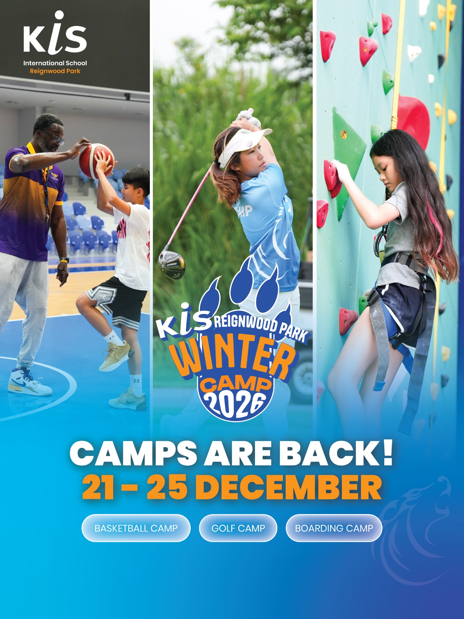 KIS International School Reignwood Park Facebook ad: Basketball, Golf & Boarding: December Camps at KIS!