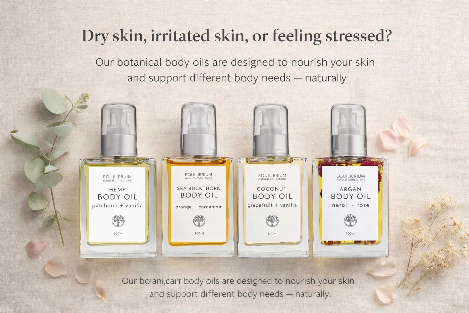 Equilibrium Natural Collections Facebook ad: Dry skin. Sensitive skin.