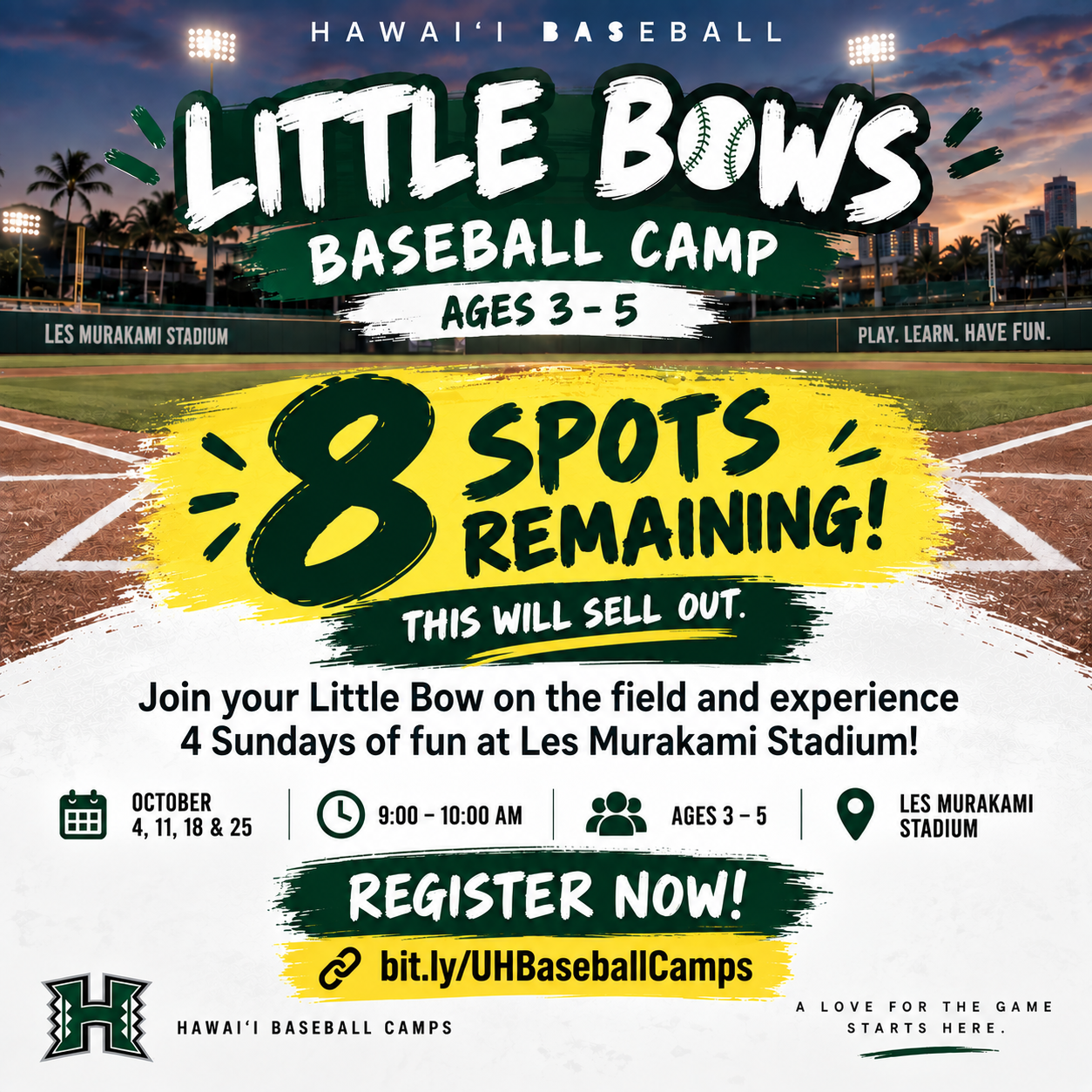 Hawaii Baseball Camps Facebook ad: Little Bows Baseball, Ages 3-5 TeeBall at the Les!