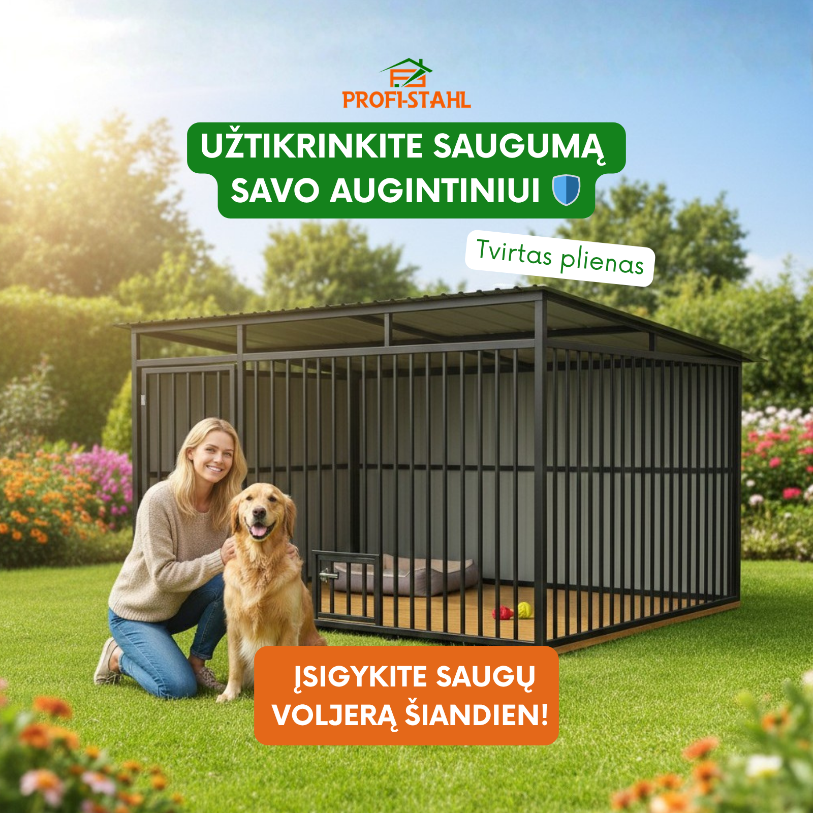 Profi-Stahl.lt skardiniai garažai, angarai, voljerai Facebook ad: Užtikrinkite saugumą savo augintiniui