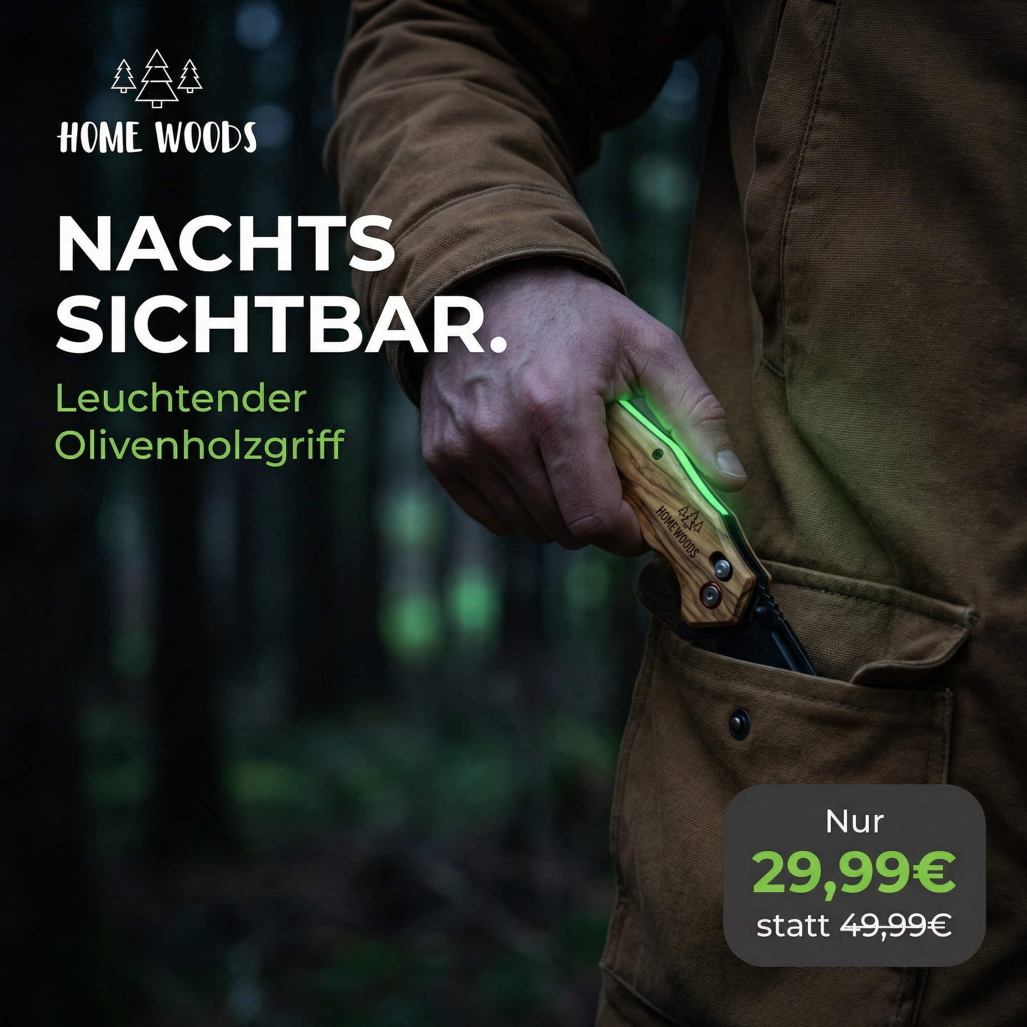 Homewoods Facebook ad: Outdoor Klappmesser mit Olivenholzgriff, Nightglow