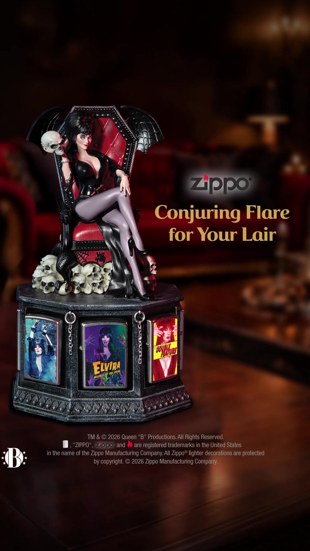 The Bradford Exchange Facebook ad: Elvira Zippo Lighters With Custom Display