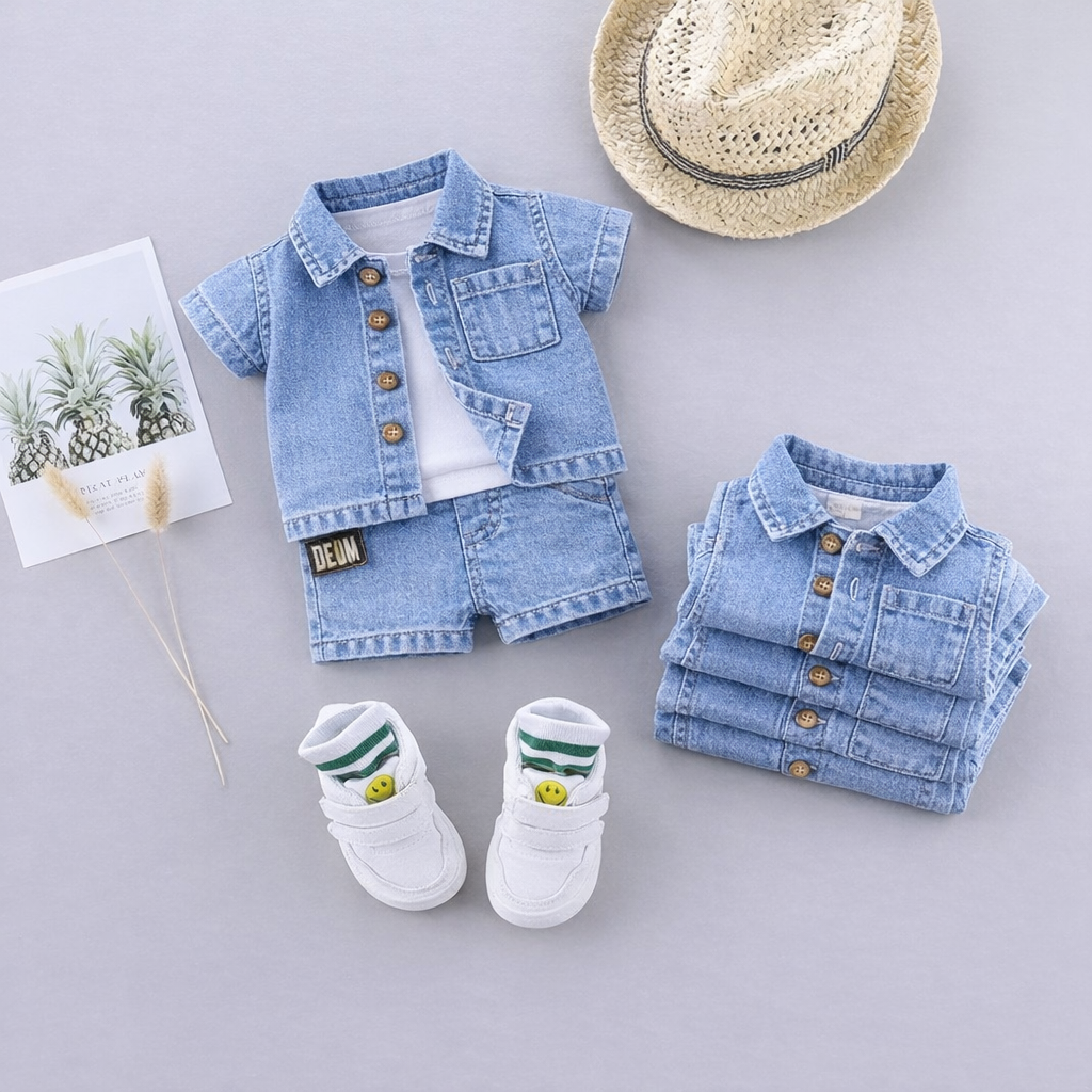 Winning product Facebook ad: Baby Denim 3-Piece Set, Shirt, T-Shirt & Shorts | Chek World