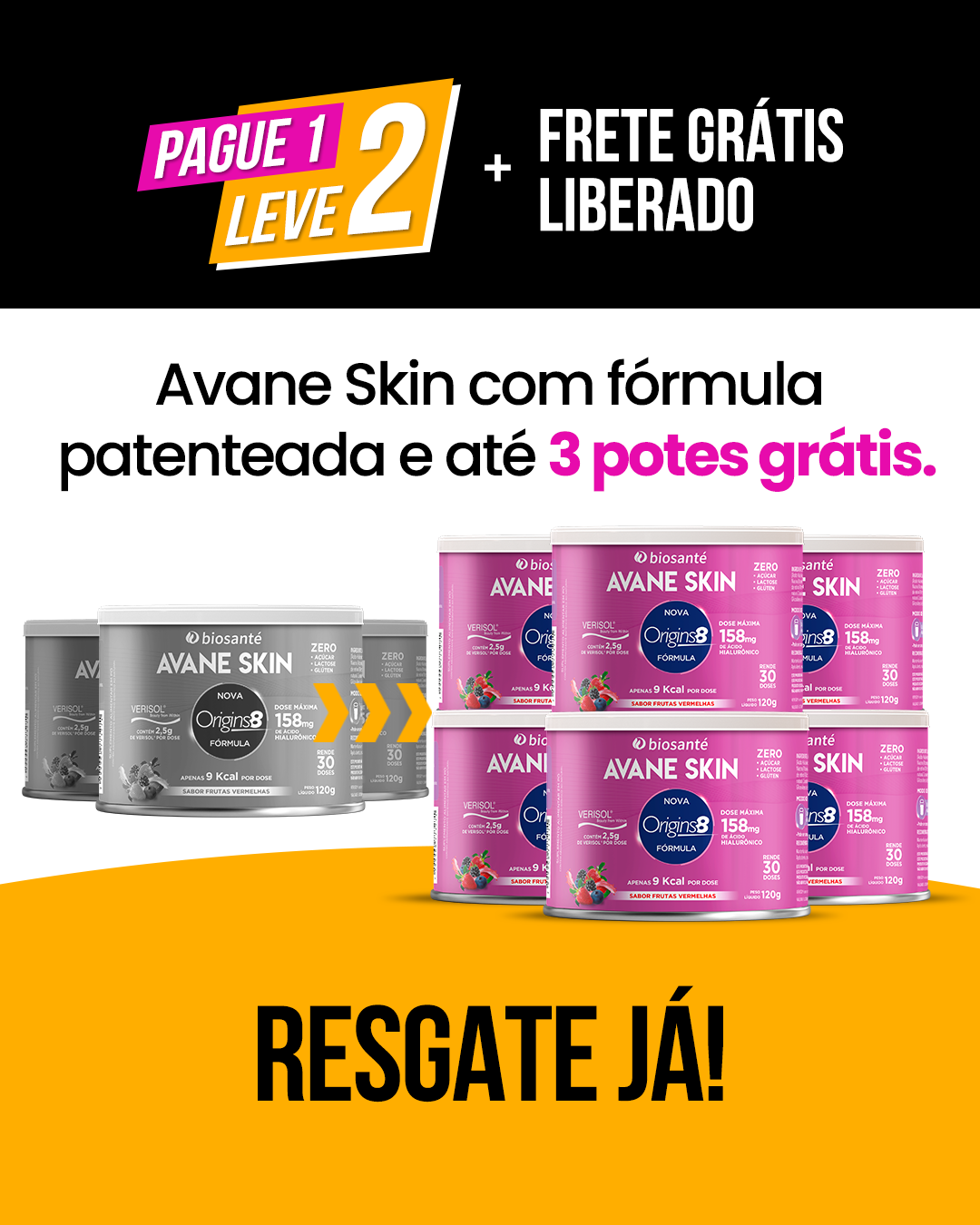 Biosanté Brasil Facebook ad: Ganhe Até 3 Potes Grátis de Avane Skin