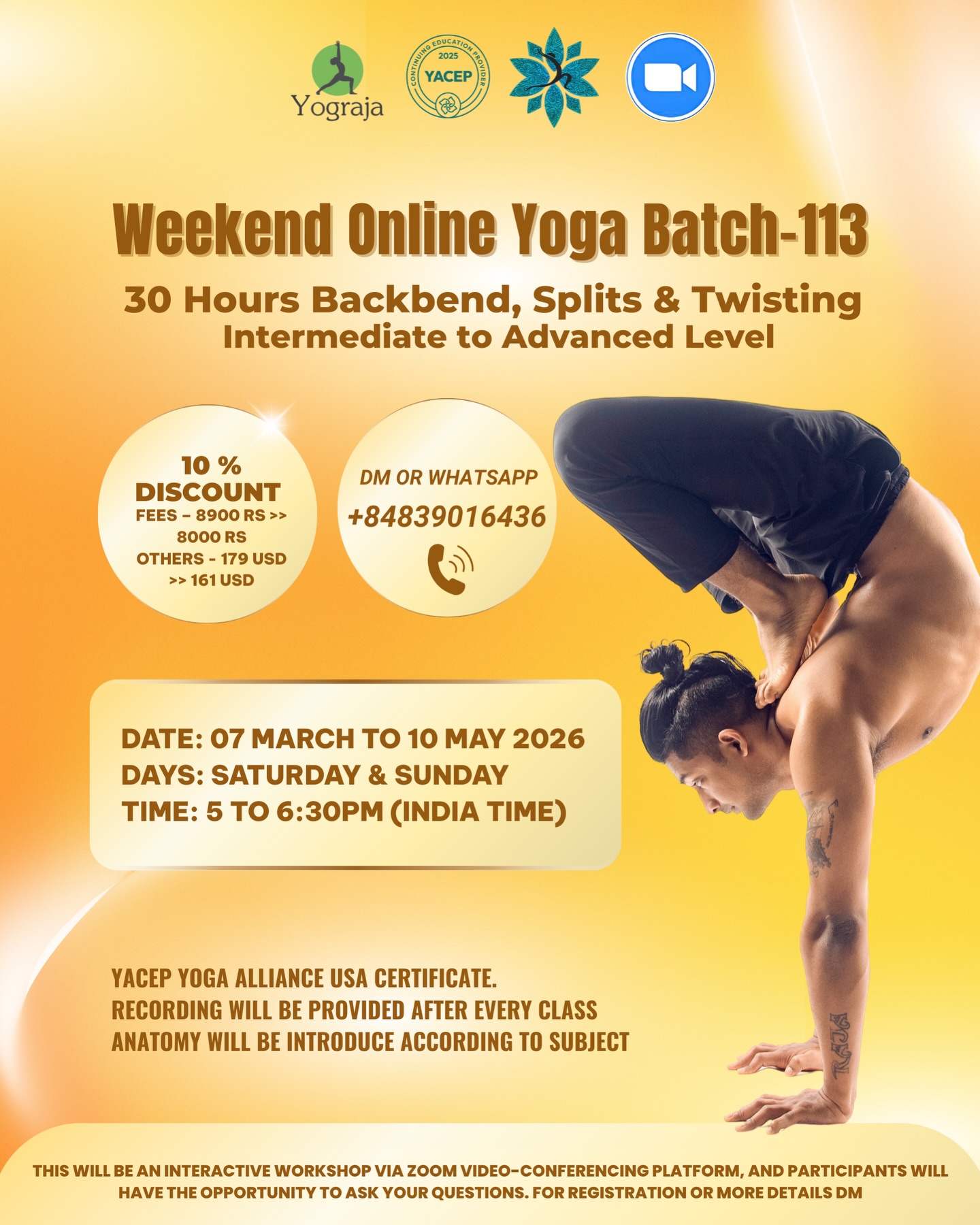 Yograja Facebook ad: ONLINE Weekends, 30H Backbend • Splits • Twisting