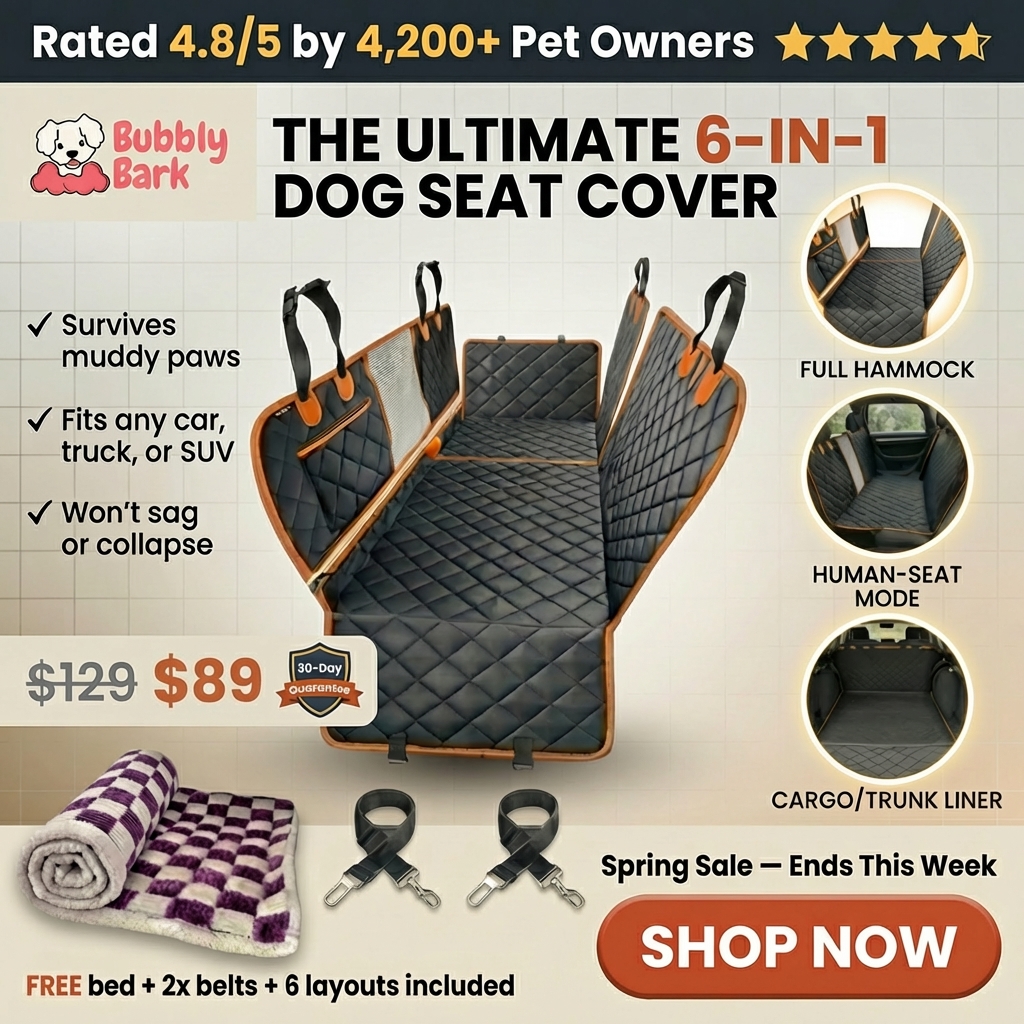 Happy pup supply Facebook ad: Waterproof Dog Car Seat Hammock, 6-in-1 Back