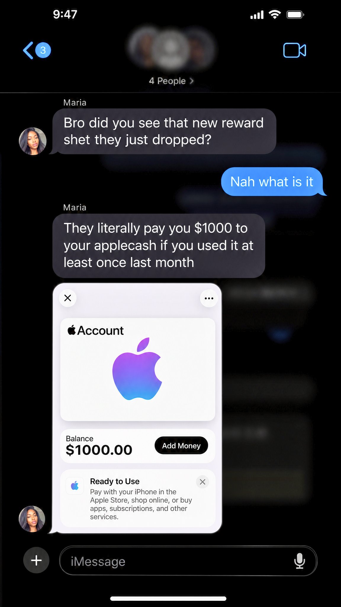 Katharina Leitner Facebook ad: $1,000 Apple Cash Credit