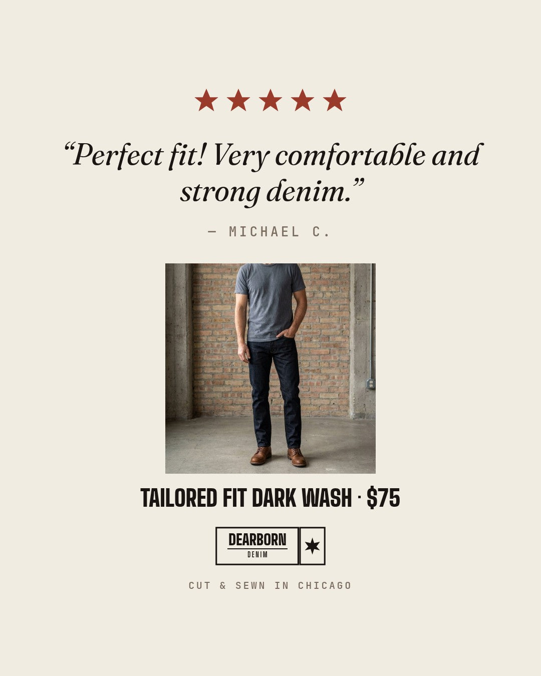 Dearborn Denim & Apparel Facebook ad: American Made. $75.