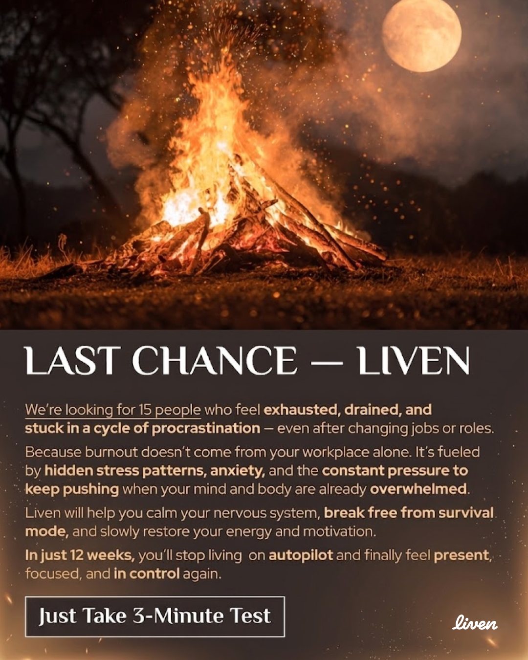 Liven: Communauté d'Éveil de Soi Facebook ad: Easy to Follow Anti-Burnout Plan