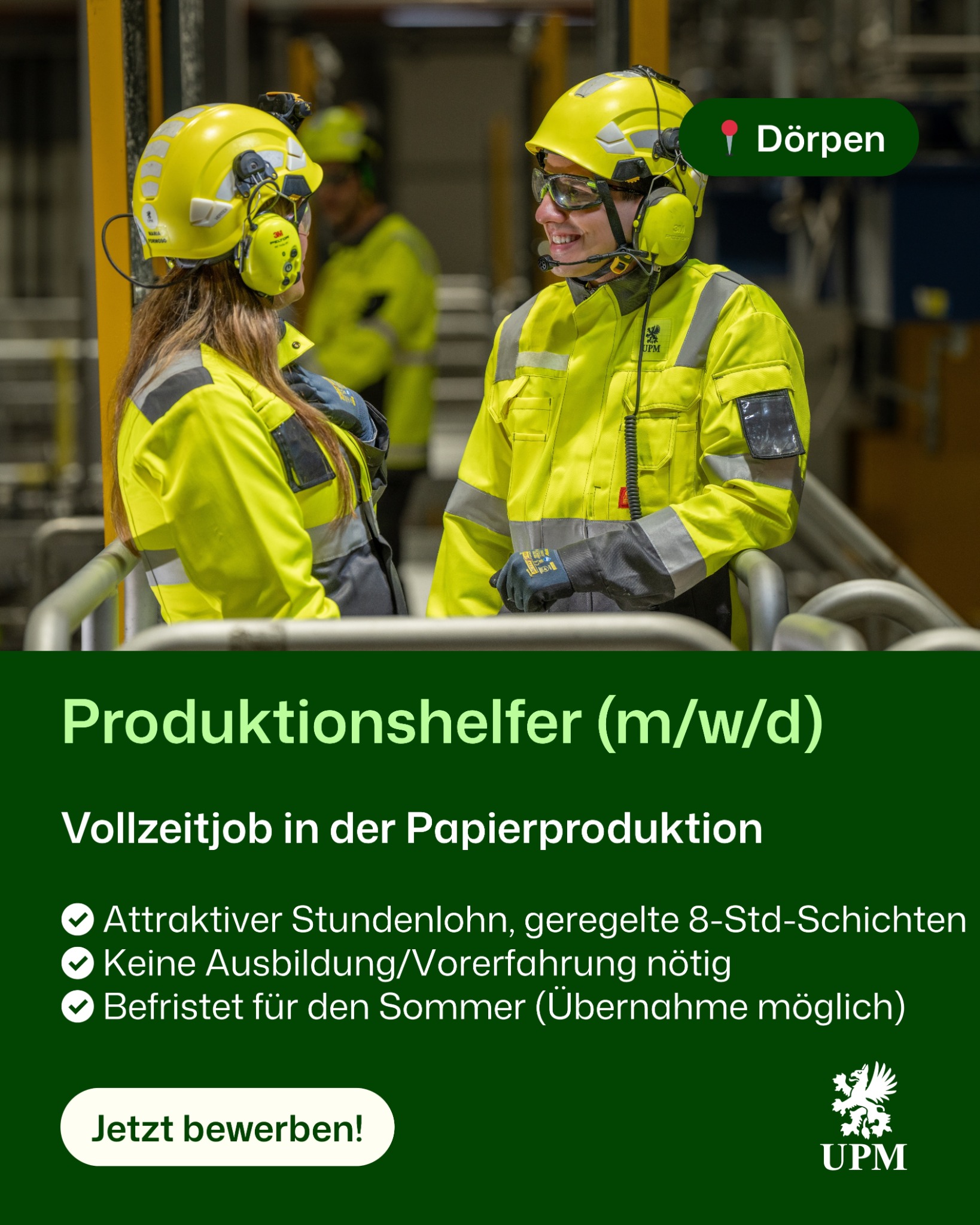 Simplejobs Industrie Facebook ad: Sommerjob bei UPM sichern, Produktionshelfer in Dörpen!