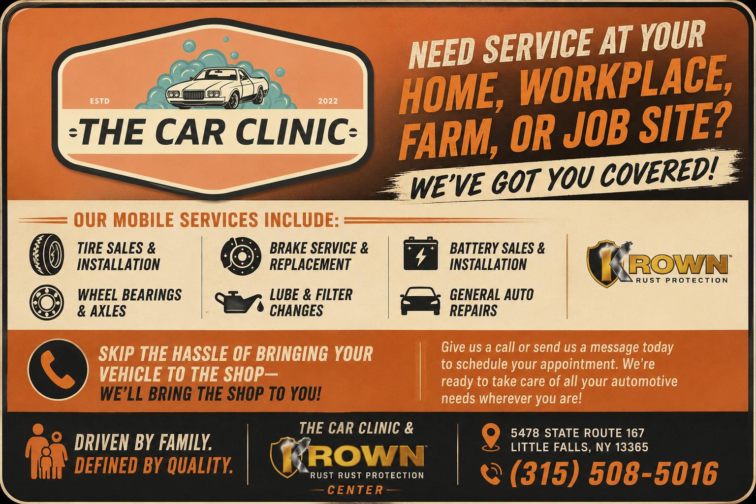 The Car Clinic & Krown Rust Protection Center Facebook ad: WE'RE MOBILE!