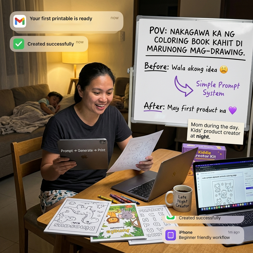 Kiddie Creator Kit Prompts Facebook ad: Start Coloring Book Easy Way