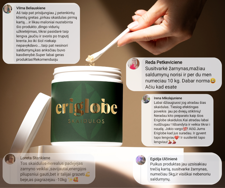 eriglobe.lt Facebook ad: -10 kg, dingo pilvo pūtimas ir užkietėjimai