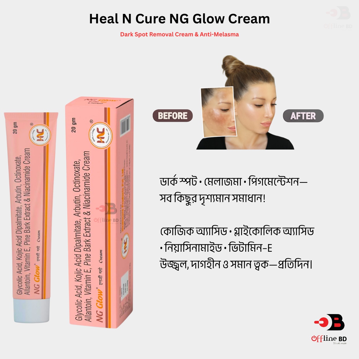 Offline BD - Authentic Grooming Facebook ad: Struggling with dark spots, acne, pigmentation, dull skin…