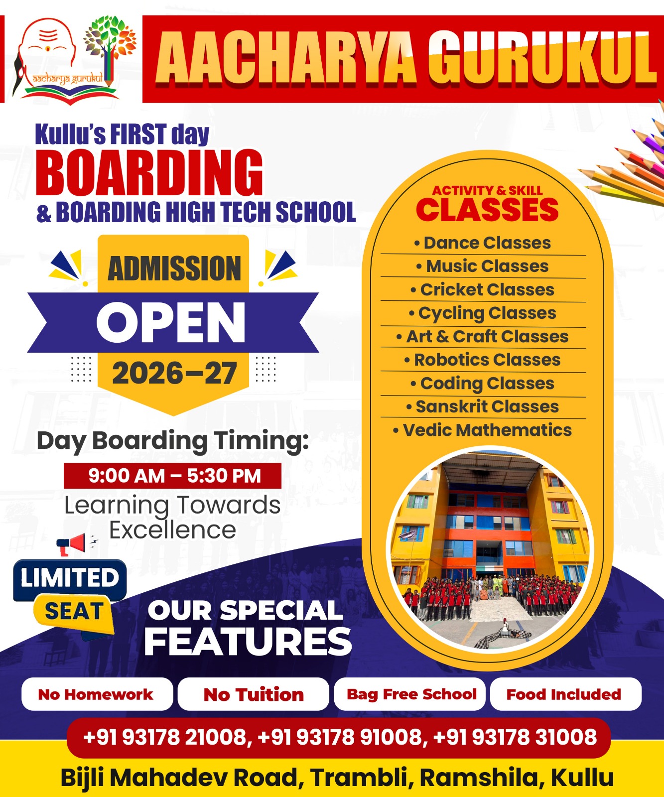 Aacharya Gurukul Facebook ad: Admissions Open 2026-27 for Kullu’s First Day Boarding &…