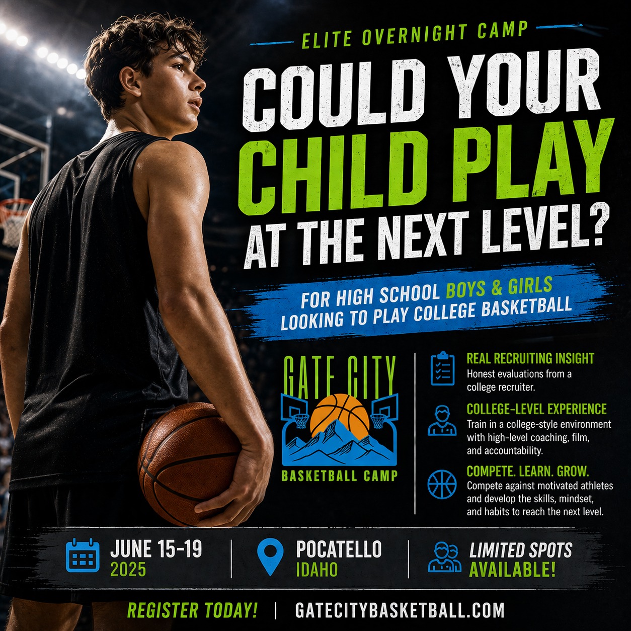 Gate City Basketball Camp Facebook ad: Want to help your child play college basketball…