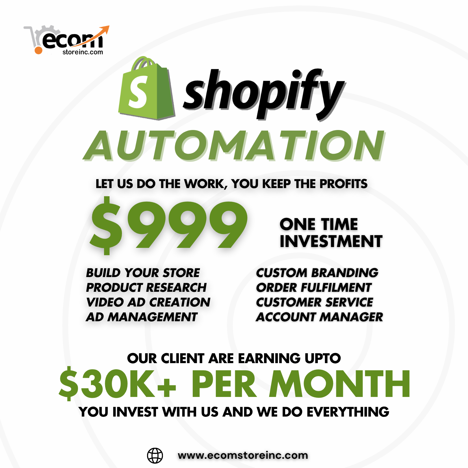 Ecom Store INC Facebook ad: Shopify Store Automation