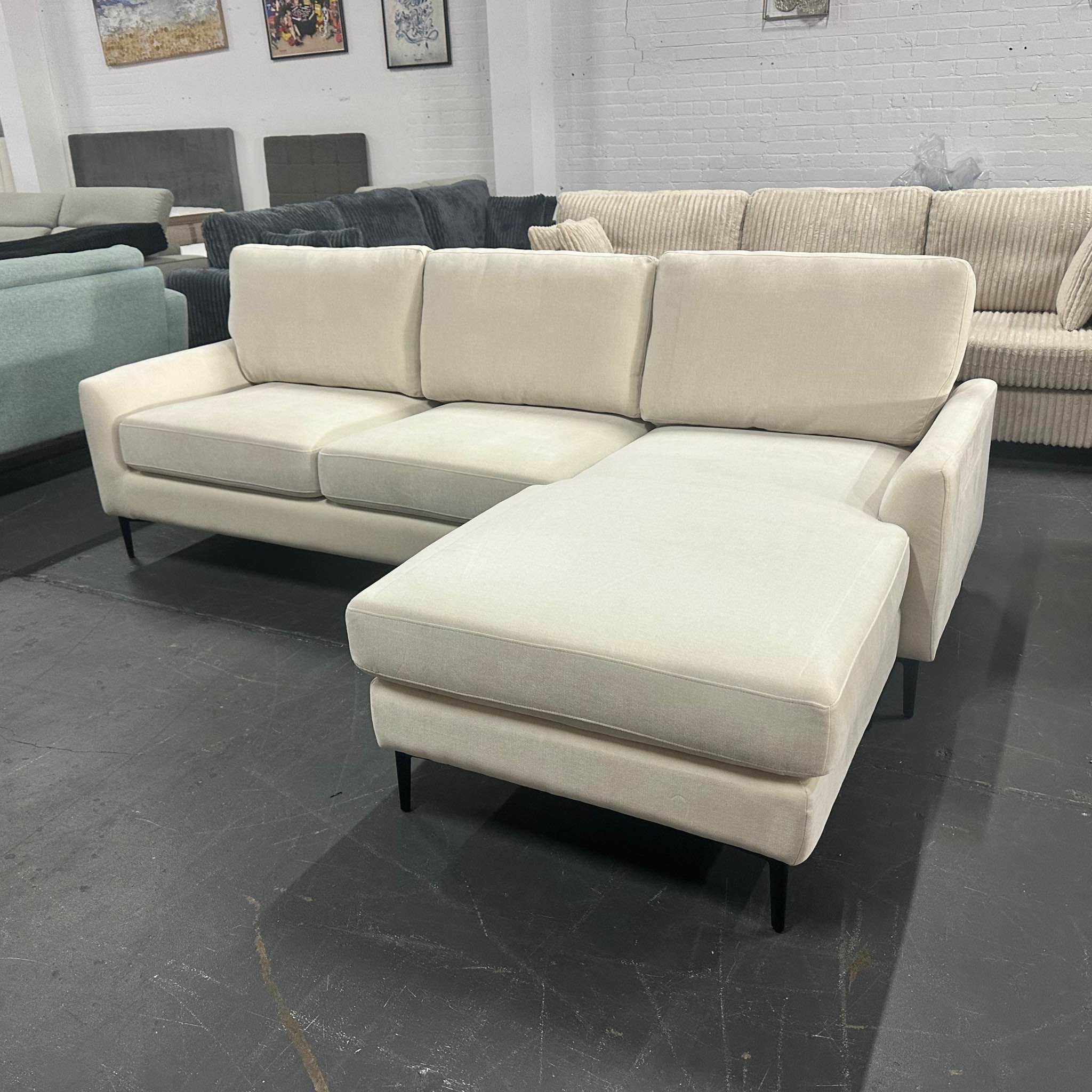Khurshed Mustafoyev Facebook ad: JUST LANDED, BRAND NEW REVERSIBLE CHAISE SOFA! CREAM DARK…