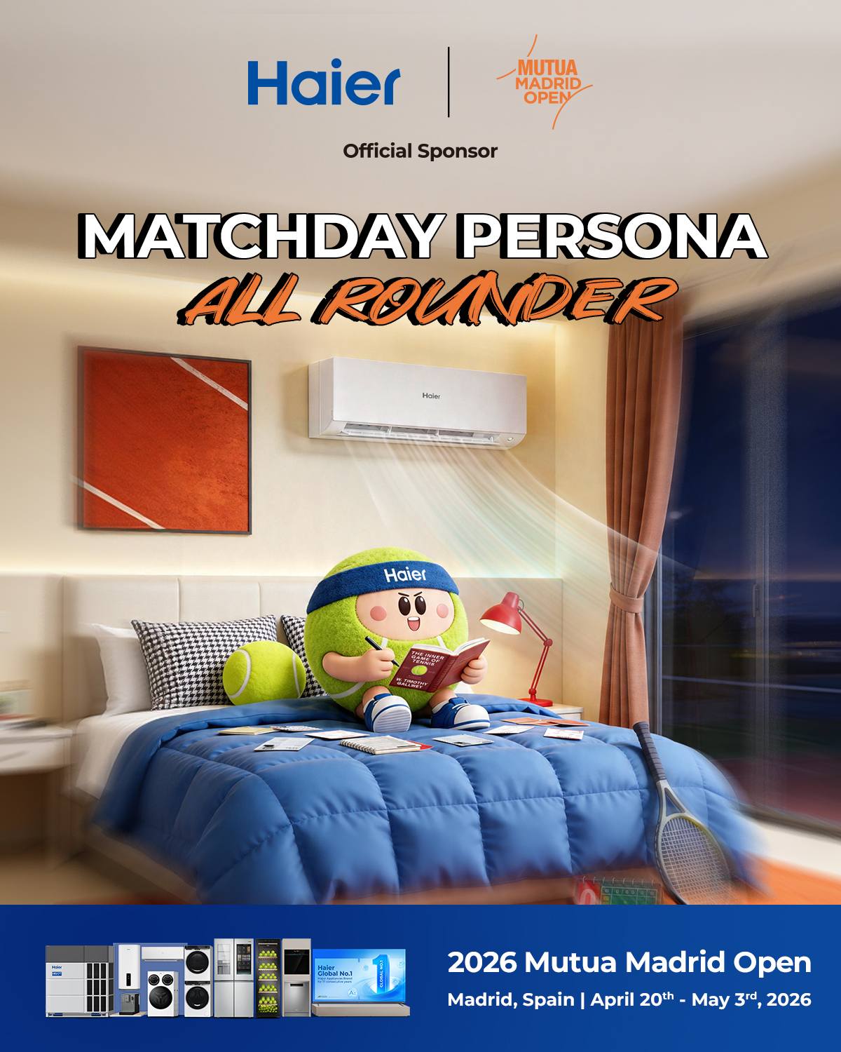 Haier Facebook ad: Madrid tennis fever meets smart home vibes.Which iconic…