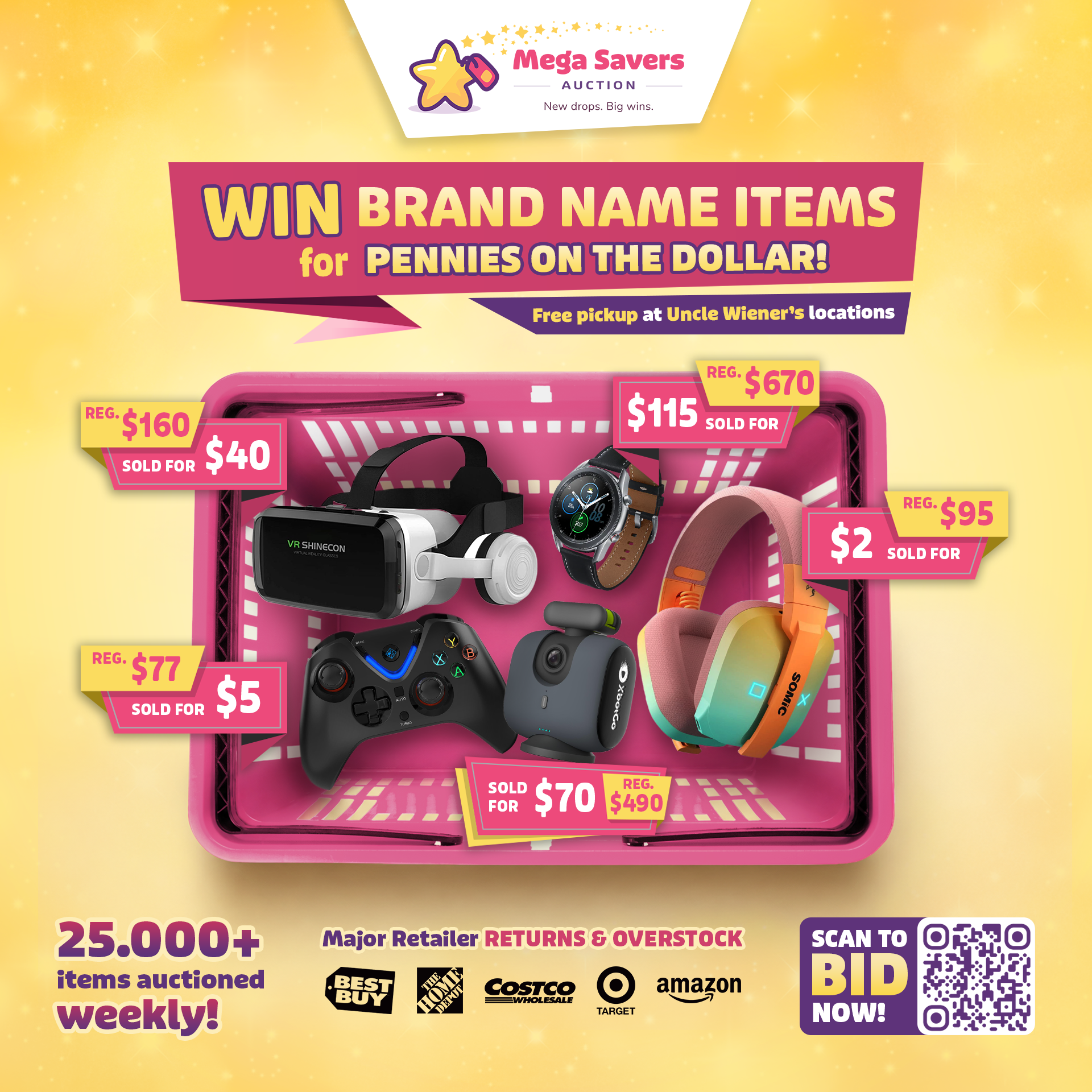 MEGA Savers Auction Facebook ad: Win Brand Name Items for Pennies on the Dollar