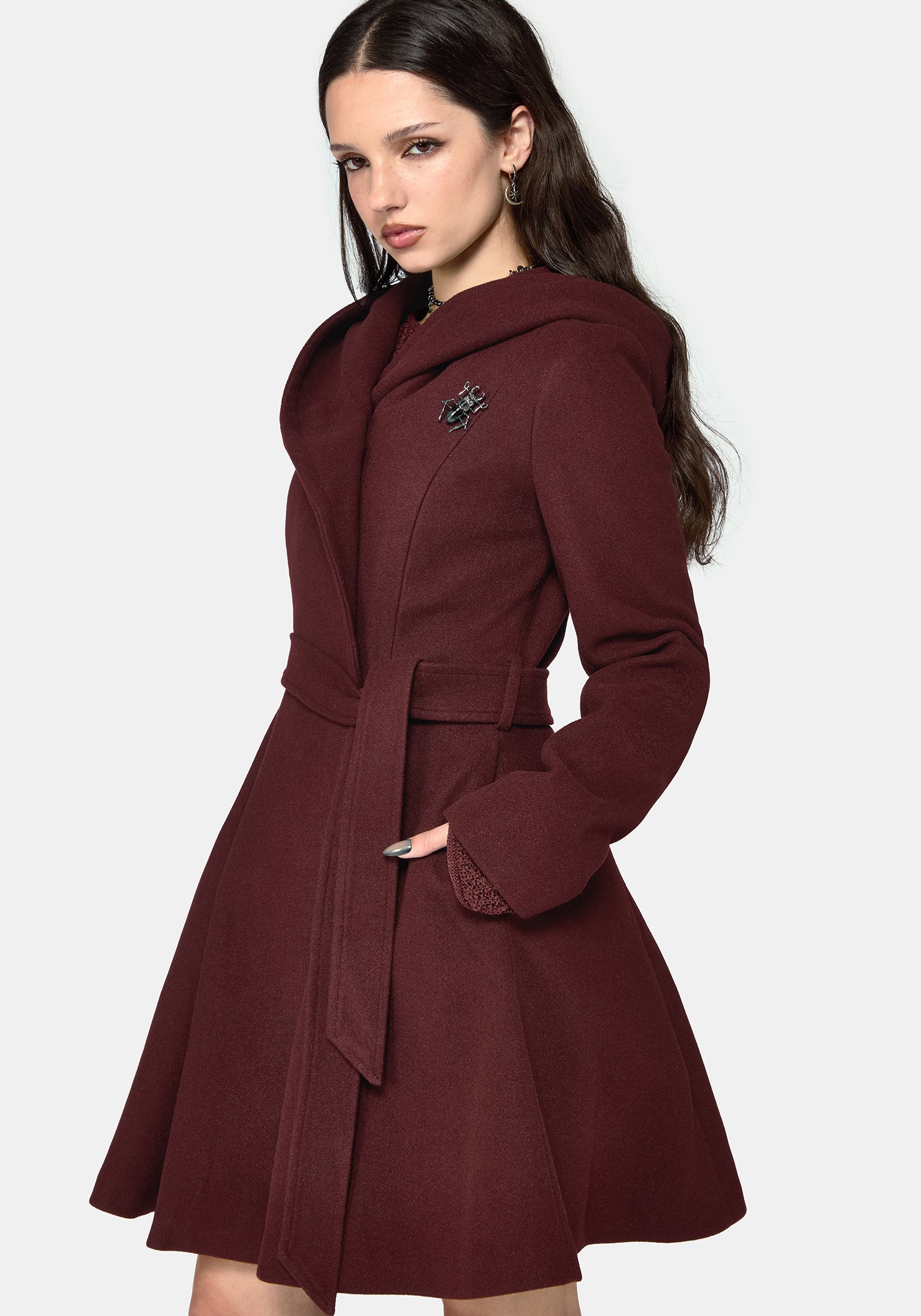 Disturbia Facebook ad: Camilla Tie Waist Hooded Coat With Bug Brooch - Burgundy