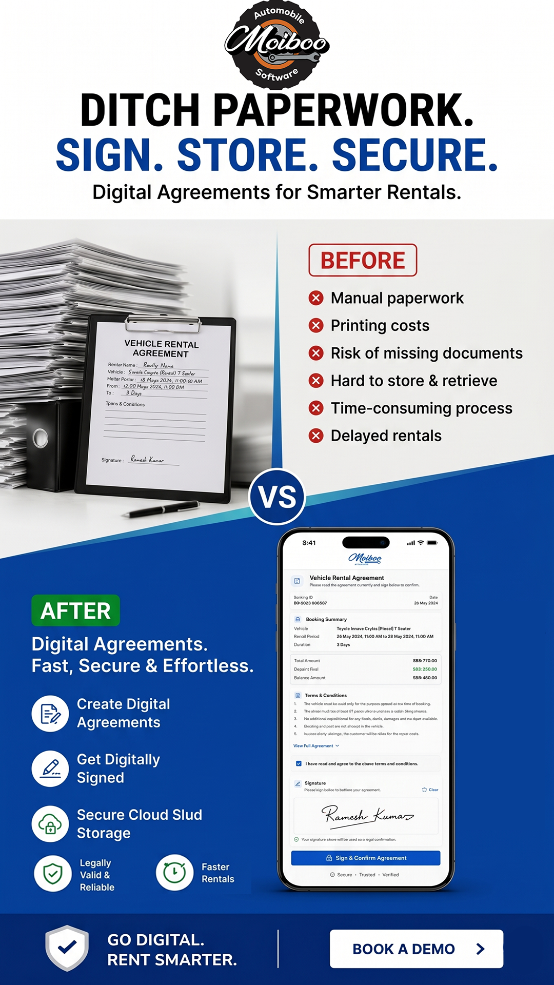 Moiboo Software Facebook ad: Go Paperless with Digital Rental Agreements
