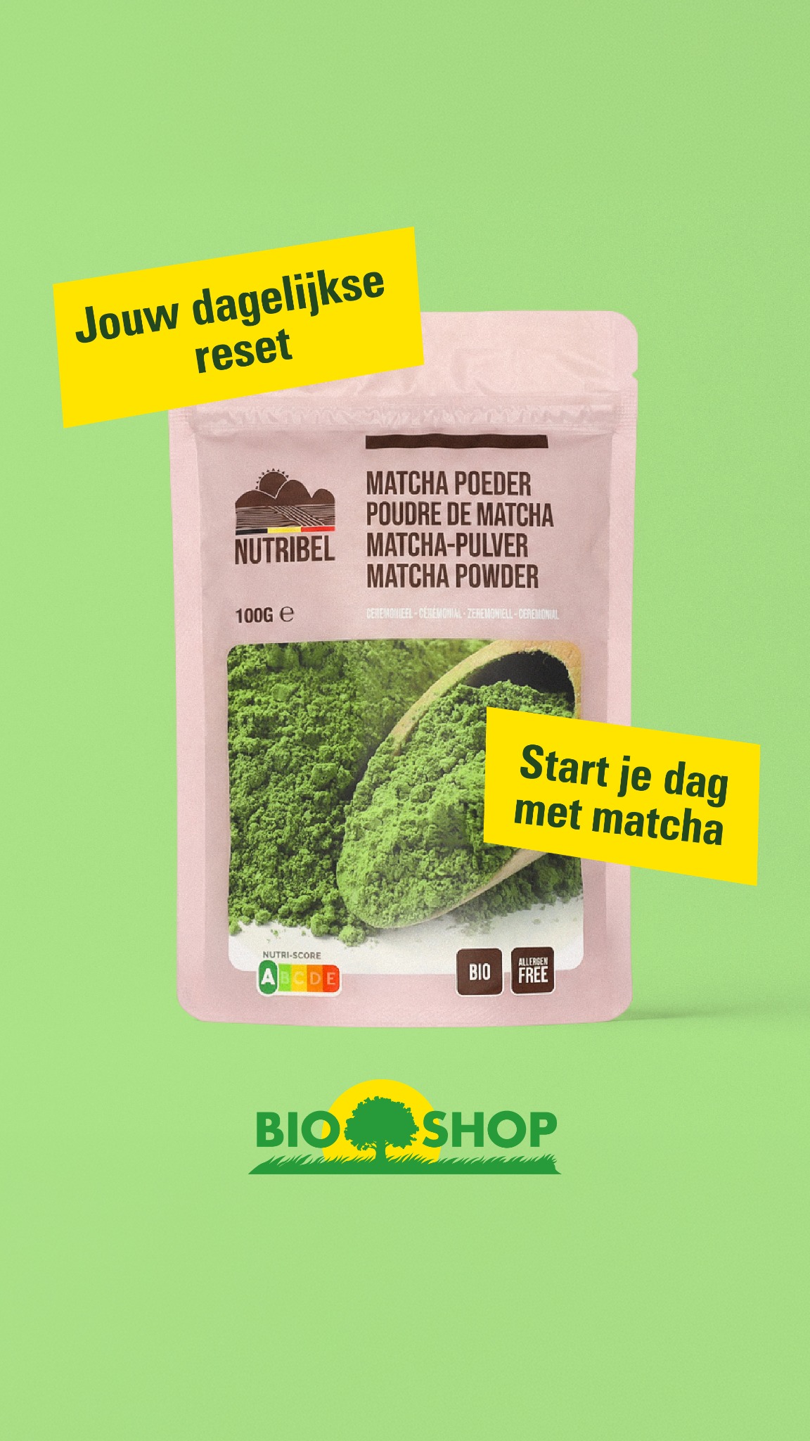 Bioshop Facebook ad: Leef bewust, drink matcha
