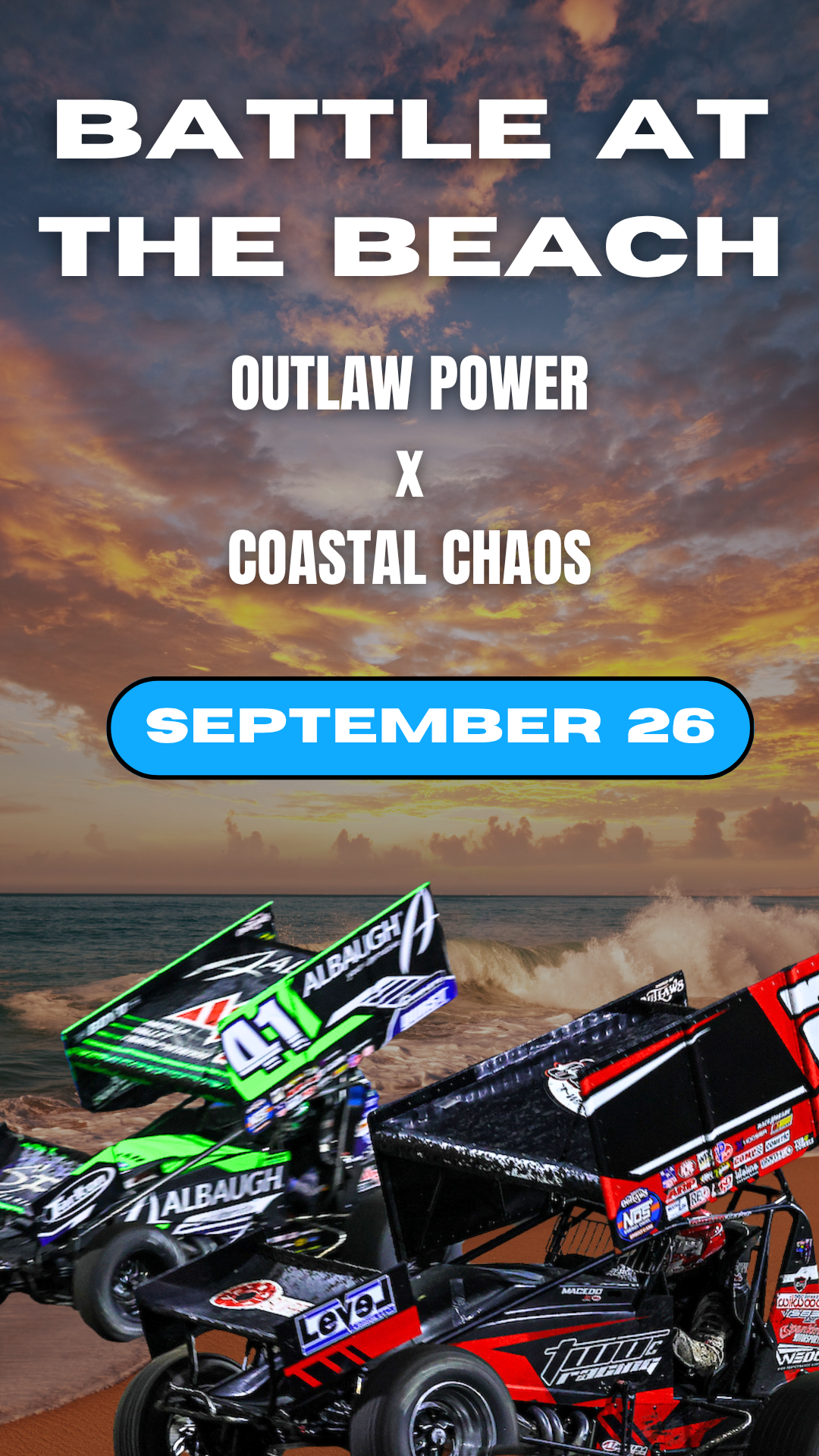World of Outlaws Sprint Car Series Facebook ad: 900+ HP. OCEANSIDE.