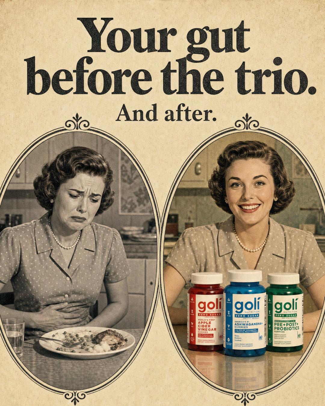 Goli Facebook ad: Digestion, Gut & Stress in Three Gummies